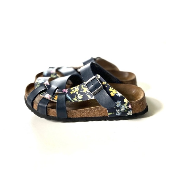Papillio Birkenstock Pisa Navy Floral Print Leather Strappy Footbed Sandals - Picture 2 of 8